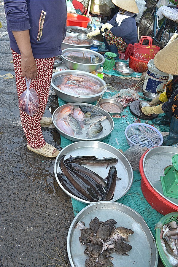 コントゥム市路上マーケットで売っている魚介類